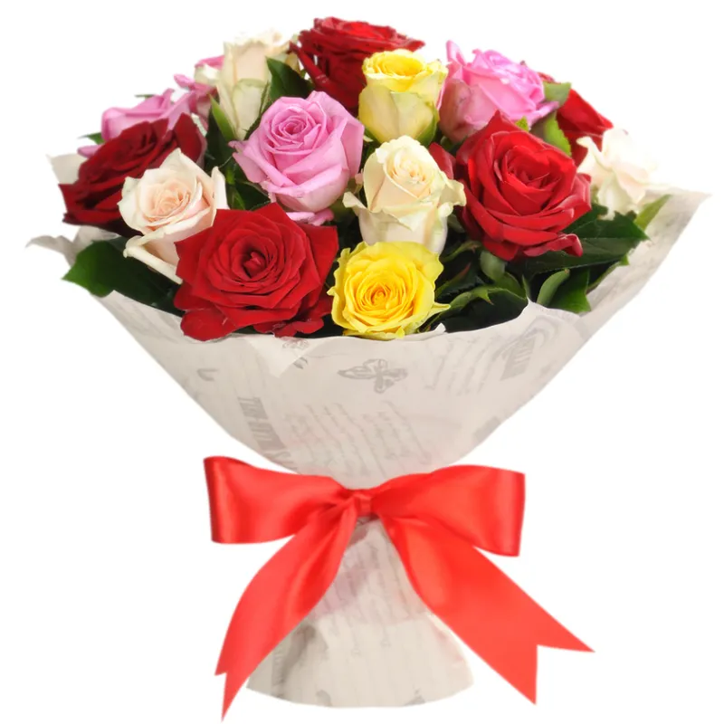 Букет из 21 разноцветной розы в крафте, доставка Тулун